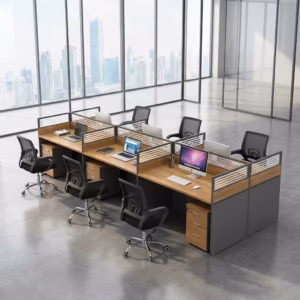 Premium 6-Way Modular Office Workstation With Drawers featuring a 6-person back-to-back island layout with light oak woodgrain desktops, integrated translucent slatted glass privacy partition screens, charcoal metal outer frames, and six matching 3-drawer lockable mobile pedestals, paired with ergonomic black mesh office task chairs on a polished concrete floor inside a modern sunlit corporate office.
