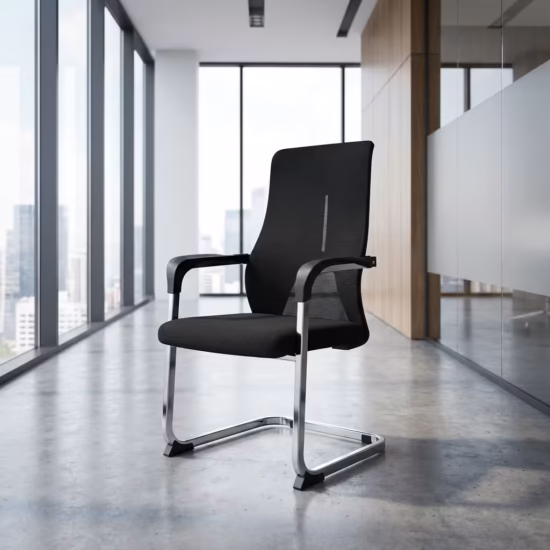 Premium Ergonomic Mesh Office Visitor Chair featuring an open-airflow black mesh backrest with a vertical silver spine insert, sweeping black armrests, a plush black fabric seat cushion, and a highly reflective continuous chrome steel cantilever sled base, standing on a polished concrete floor inside a modern sunlit corporate office.