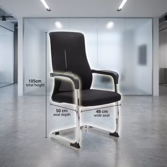 Premium Ergonomic Mesh Office Visitor Chair featuring an open-airflow black mesh backrest with a vertical silver spine insert, sweeping black armrests, a plush black fabric seat cushion, and a highly reflective continuous chrome steel cantilever sled base, standing on a polished concrete floor inside a modern sunlit corporate office.