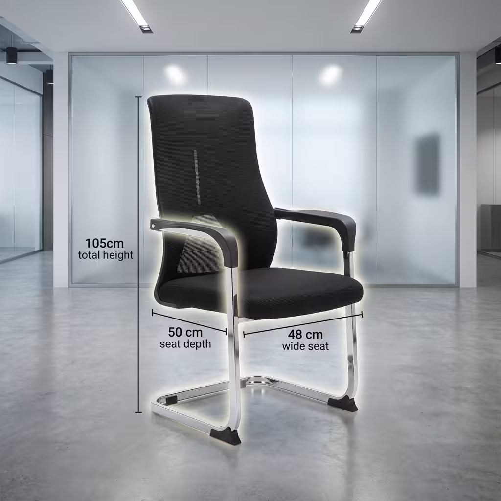 Premium Ergonomic Mesh Office Visitor Chair featuring an open-airflow black mesh backrest with a vertical silver spine insert, sweeping black armrests, a plush black fabric seat cushion, and a highly reflective continuous chrome steel cantilever sled base, standing on a polished concrete floor inside a modern sunlit corporate office.