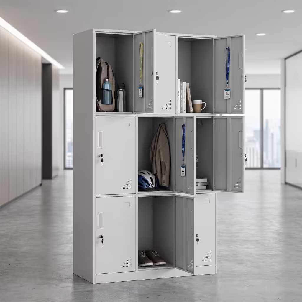 Premium 9-Locker Steel Office Cabinet in a professional light grey powder-coated steel finish, showcasing a 3x3 grid layout of nine closed locker doors with recessed handles, cylinder locks with keys inserted, and stamped corner ventilation holes, standing flat on smooth light wood flooring inside a modern office entryway corridor.