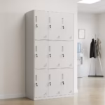 Premium 9-Locker Steel Office Cabinet in a professional light grey powder-coated steel finish, showcasing a 3x3 grid layout of nine closed locker doors with recessed handles, cylinder locks with keys inserted, and stamped corner ventilation holes, standing flat on smooth light wood flooring inside a modern office entryway corridor.