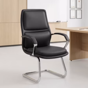 Premium Executive Cantilever Office Visitor Chair featuring a black leather mid-backrest with segmented bolster cushions, integrated polished chrome armrests with black top pads, and a highly reflective continuous chrome steel cantilever sled frame, standing on a polished concrete floor inside a modern minimalist office backdrop.
