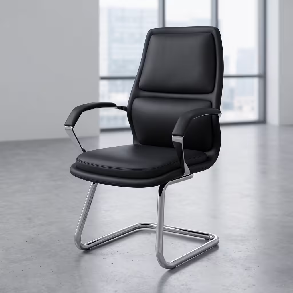 Premium Executive Cantilever Office Visitor Chair featuring a black leather mid-backrest with segmented bolster cushions, integrated polished chrome armrests with black top pads, and a highly reflective continuous chrome steel cantilever sled frame, standing on a polished concrete floor inside a modern minimalist office backdrop.