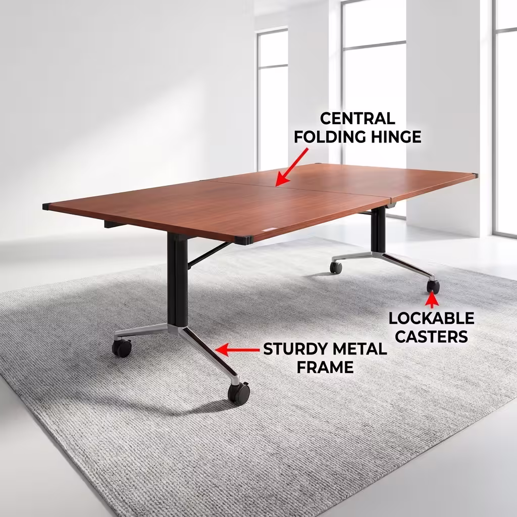 Premium Mobile Foldable Office Boardroom Table in a rich walnut woodgrain finish, showcasing a spacious rectangular top panel with protective black plastic corner guards, supported by an industrial steel T-bar frame base featuring matte black columns and highly reflective polished chrome feet fitted with four black locking twin-wheel casters, resting on a textured beige area rug.