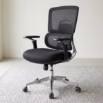 Premium Medium Back Orthopedic Mesh Office Chair featuring an open-airflow black mesh split backrest, flat black adjustable armrests with polished chrome support bars, a thick black fabric seat cushion, and a highly reflective polished metal five-star star base with rolling wheels, standing on a textured grey woven area rug.