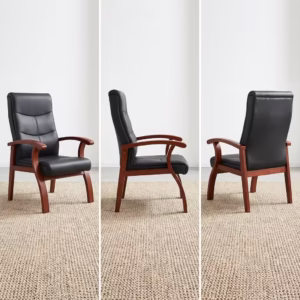 Premium Executive Bliss Visitor Office Chair featuring a high-backrest upholstered in segmented black leather, sweeping integrated solid wood armrests and structural legs finished in a rich mahogany stain, standing on a large textured geometric grey and cream area rug over a smooth polished studio floor.