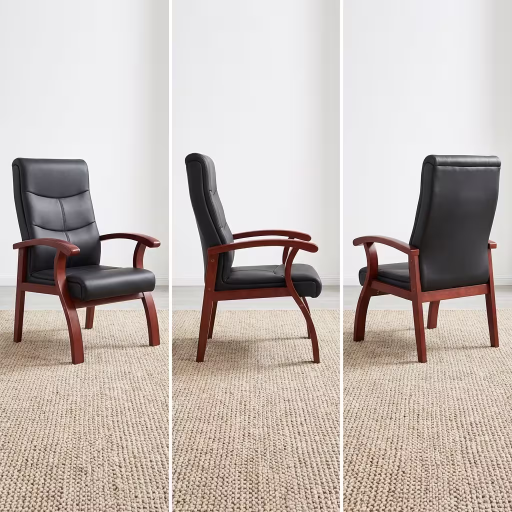 Premium Executive Bliss Visitor Office Chair featuring a high-backrest upholstered in segmented black leather, sweeping integrated solid wood armrests and structural legs finished in a rich mahogany stain, standing on a large textured geometric grey and cream area rug over a smooth polished studio floor.