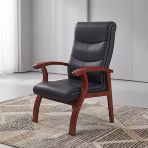 Premium Executive Bliss Visitor Office Chair featuring a high-backrest upholstered in segmented black leather, sweeping integrated solid wood armrests and structural legs finished in a rich mahogany stain, standing on a large textured geometric grey and cream area rug over a smooth polished studio floor.