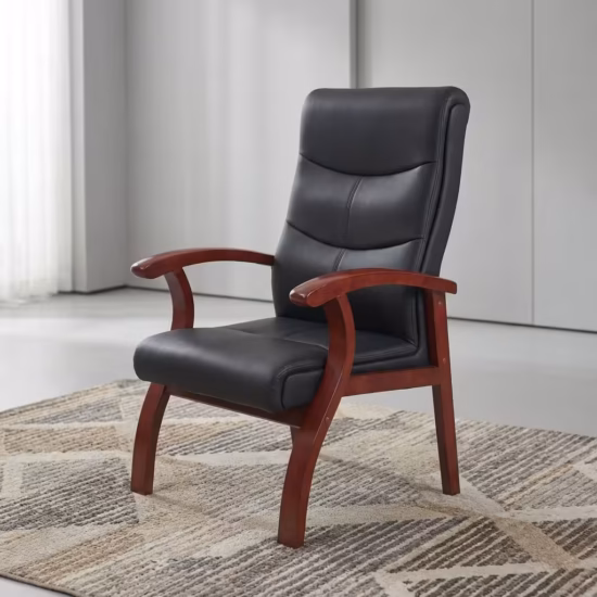 Premium Executive Bliss Visitor Office Chair featuring a high-backrest upholstered in segmented black leather, sweeping integrated solid wood armrests and structural legs finished in a rich mahogany stain, standing on a large textured geometric grey and cream area rug over a smooth polished studio floor.