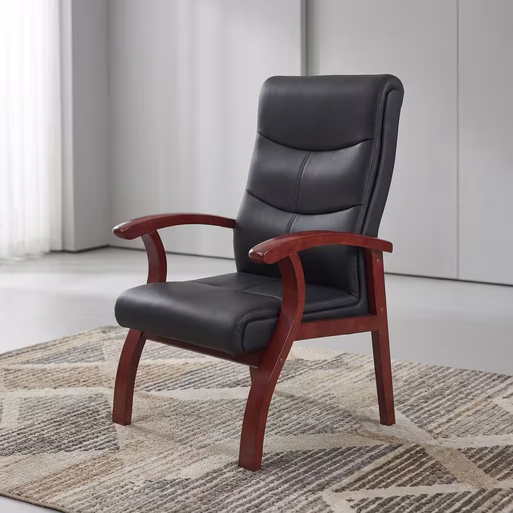 Premium Executive Bliss Visitor Office Chair featuring a high-backrest upholstered in segmented black leather, sweeping integrated solid wood armrests and structural legs finished in a rich mahogany stain, standing on a large textured geometric grey and cream area rug over a smooth polished studio floor.