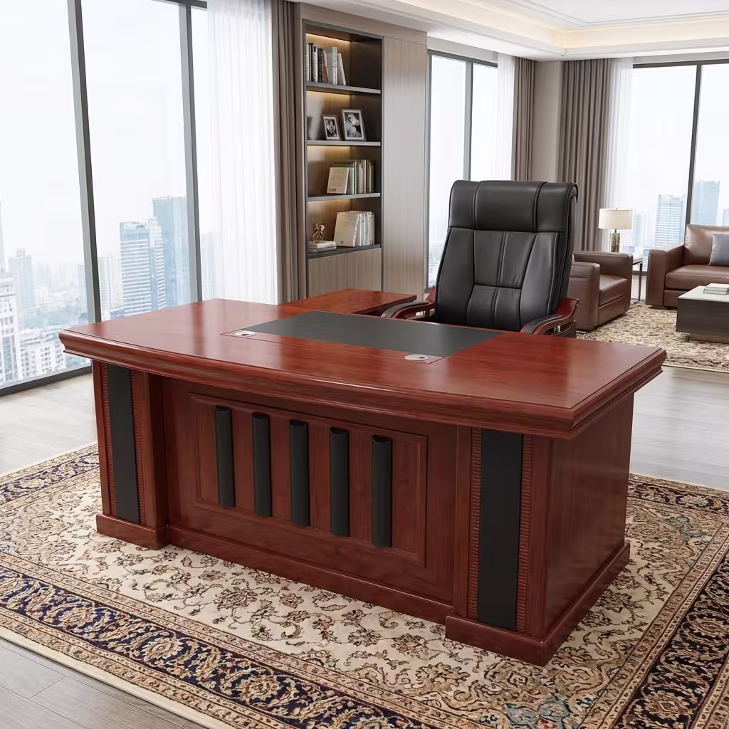 Premium 1.6M Office Desk With Side Extension in a deep cherry-mahogany woodgrain finish, featuring a front modesty panel with vertical black structural columns, an integrated side return storage console supporting an open all-in-one desktop computer, a leather desk blotter mat, a classic stained glass desk lamp, and stacked books, paired with a high-back black leather executive chair and a black leather visitor chair, resting on an ornate patterned traditional area rug.