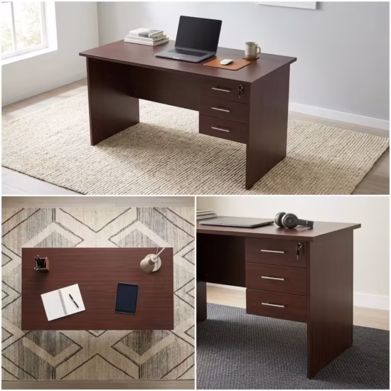 Premium 1M Wooden Lockable Study Desk in a mahogany woodgrain finish, showcasing a spacious rectangular top panel holding an open laptop, a ceramic mug, and books, an integrated three-drawer right storage pedestal with silver handles and a key inserted in the top lock core, a white articulation desk lamp, resting on a textured cream area rug over light wood flooring.