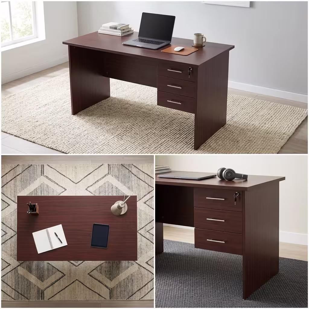 Premium 1M Wooden Lockable Study Desk in a mahogany woodgrain finish, showcasing a spacious rectangular top panel holding an open laptop, a ceramic mug, and books, an integrated three-drawer right storage pedestal with silver handles and a key inserted in the top lock core, a white articulation desk lamp, resting on a textured cream area rug over light wood flooring.