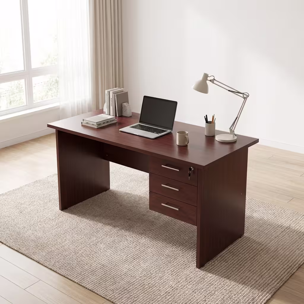 Premium 1M Wooden Lockable Study Desk in a mahogany woodgrain finish, showcasing a spacious rectangular top panel holding an open laptop, a ceramic mug, and books, an integrated three-drawer right storage pedestal with silver handles and a key inserted in the top lock core, a white articulation desk lamp, resting on a textured cream area rug over light wood flooring.