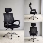 Premium High-Back Ergonomic Headrest Mesh Office Chair featuring a black mesh backrest with distinct horizontal structural rib patterns, a matching wide black padded headrest, curved black armrests, a plush black seat cushion, and a highly reflective polished chrome five-star star base with rolling wheels, standing on a light wood floor.