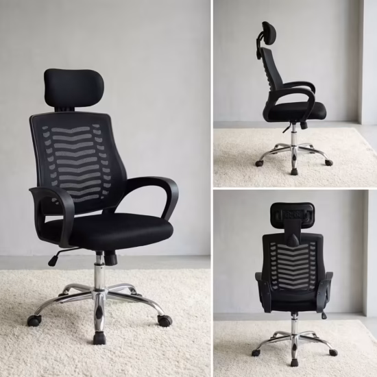Premium High-Back Ergonomic Headrest Mesh Office Chair featuring a black mesh backrest with distinct horizontal structural rib patterns, a matching wide black padded headrest, curved black armrests, a plush black seat cushion, and a highly reflective polished chrome five-star star base with rolling wheels, standing on a light wood floor.