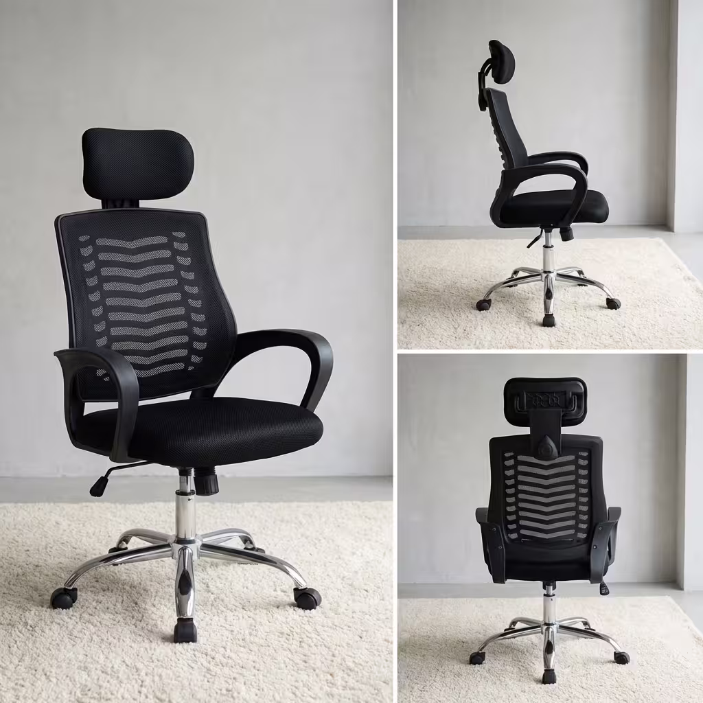 Premium High-Back Ergonomic Headrest Mesh Office Chair featuring a black mesh backrest with distinct horizontal structural rib patterns, a matching wide black padded headrest, curved black armrests, a plush black seat cushion, and a highly reflective polished chrome five-star star base with rolling wheels, standing on a light wood floor.