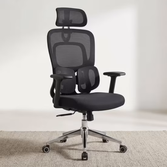Premium High-Back Orthopedic Mesh Executive Office Chair featuring an open-airflow black mesh backrest, matching adjustable headrest, flat black T-shaped armrests, a unique dual-wing lower-back support layout, a plush black seat cushion, and a highly reflective polished chrome five-star star base with rolling wheels, standing on a textured light cream area rug.
