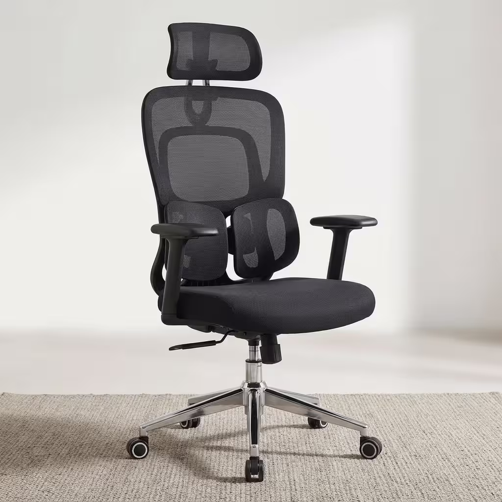 Premium High-Back Orthopedic Mesh Executive Office Chair featuring an open-airflow black mesh backrest, matching adjustable headrest, flat black T-shaped armrests, a unique dual-wing lower-back support layout, a plush black seat cushion, and a highly reflective polished chrome five-star star base with rolling wheels, standing on a textured light cream area rug.