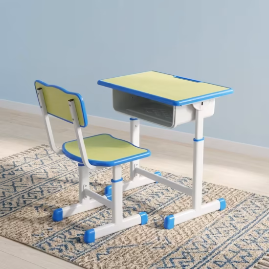 Premium Kid's Study Desk & Chair Set in a vibrant lime-green and bright blue finish, showcasing a rectangular study desk with an integrated open storage shelf, a matching mid-back school chair, and white adjustable steel leg frames fitted with blue floor-stabilizing glider caps, resting on a blue and white patterned area rug.
