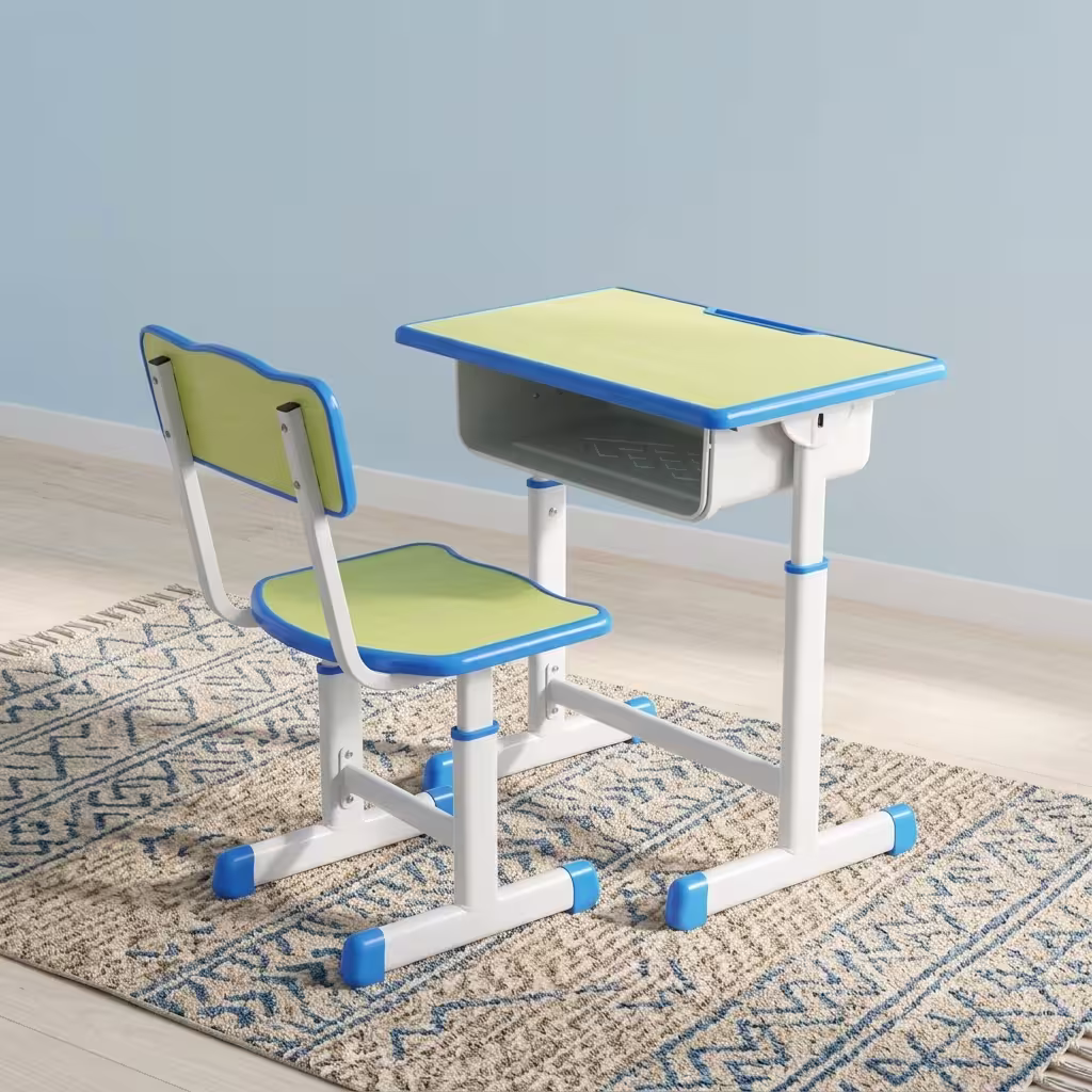 Premium Kid's Study Desk & Chair Set in a vibrant lime-green and bright blue finish, showcasing a rectangular study desk with an integrated open storage shelf, a matching mid-back school chair, and white adjustable steel leg frames fitted with blue floor-stabilizing glider caps, resting on a blue and white patterned area rug.