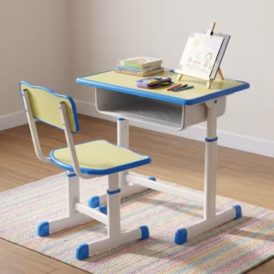 Premium Kid's Study Desk & Chair Set in a vibrant lime-green and bright blue finish, showcasing a rectangular study desk with an integrated open storage shelf, a matching mid-back school chair, and white adjustable steel leg frames fitted with blue floor-stabilizing glider caps, resting on a blue and white patterned area rug.