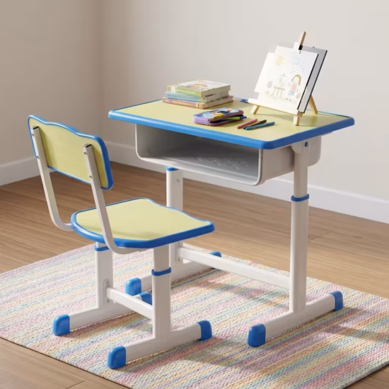 Premium Kid's Study Desk & Chair Set in a vibrant lime-green and bright blue finish, showcasing a rectangular study desk with an integrated open storage shelf, a matching mid-back school chair, and white adjustable steel leg frames fitted with blue floor-stabilizing glider caps, resting on a blue and white patterned area rug.