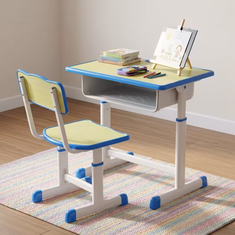 Premium Kid's Study Desk & Chair Set in a vibrant lime-green and bright blue finish, showcasing a rectangular study desk with an integrated open storage shelf, a matching mid-back school chair, and white adjustable steel leg frames fitted with blue floor-stabilizing glider caps, resting on a blue and white patterned area rug.