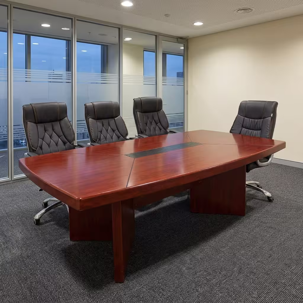 Premium 2.0M Conference Meeting Table in a rich cherry-mahogany woodgrain finish, showcasing an expansive rectangular top panel with tapered ends, a center-running black accent band, and two open flip-top power socket hubs supporting laptops, open notebooks, and coffee cups, anchored by heavy-duty interlocking wooden panel leg bases, surrounded by grey mesh office chairs on a smooth white floor inside a sunlit high-rise boardroom overlooking a city skyline.