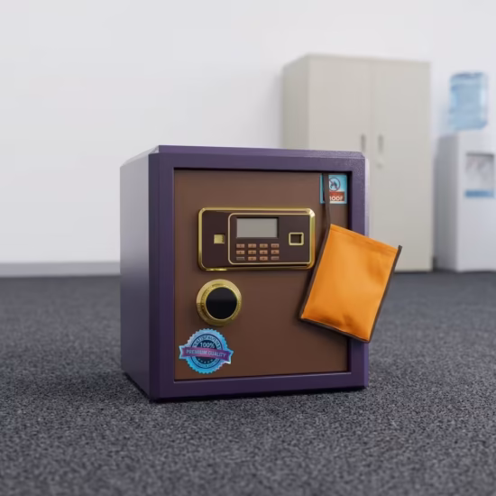 Premium 45Kg Fireproof Office Safe Box in a textured purple steel finish, showing its thick front vault door swung wide open to reveal a bronze-toned inner panel with three thick silver locking deadbolts, an integrated gold key-locked top compartment, a main storage cavity with a red felt base liner, and a front gold-accented digital electronic keypad lock, resting on blue textured office carpeting.