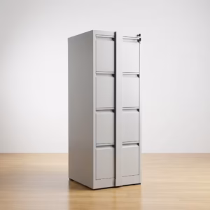 Premium 4-Drawer Filing Cabinet With Bar in a professional light gray powder-coated steel finish, showing all four closed drawers secured by a centered vertical steel locking bar with a key inserted in the top lock core, standing on light wood flooring.