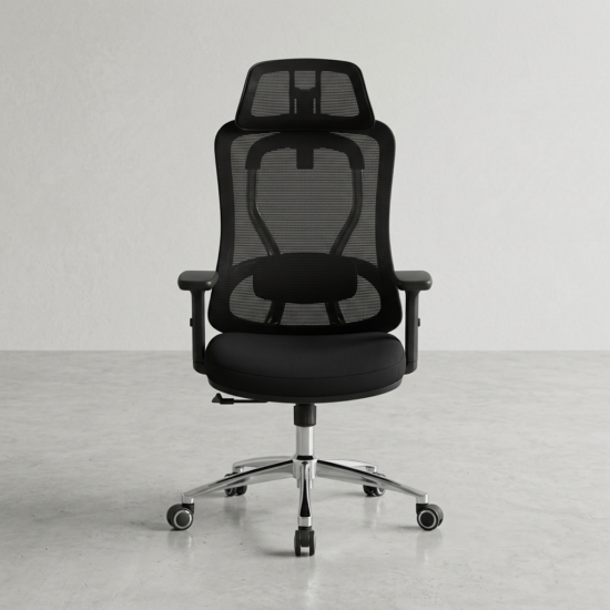 Premium High-Back Orthopedic Executive Office Chair featuring a black mesh backrest, a matching rectangular adjustable headrest, built-in horizontal lumbar cushion support, flat T-shaped armrests, a plush black seat cushion, and a highly reflective polished chrome five-star base with rolling wheels, standing on a polished grey concrete floor.