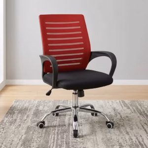 Premium Secretarial Mid Back Office Chair featuring a vibrant red mesh mid-backrest with horizontal structural lines, curved black armrests, a plush black fabric seat cushion, and a highly reflective polished chrome five-star base with rolling caster wheels, standing on a textured grey area rug.