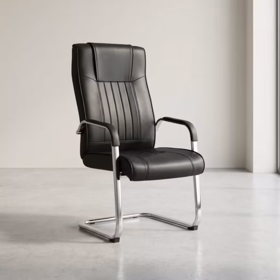 Premium High Back Conference Chair featuring a black leatherette high-backrest with vertical rib lines and a distinct headrest section, integrated chrome armrests with matching black top pads, and a highly reflective continuous chrome steel cantilever sled frame, standing on light oak wood flooring next to a modern wall bookshelf.