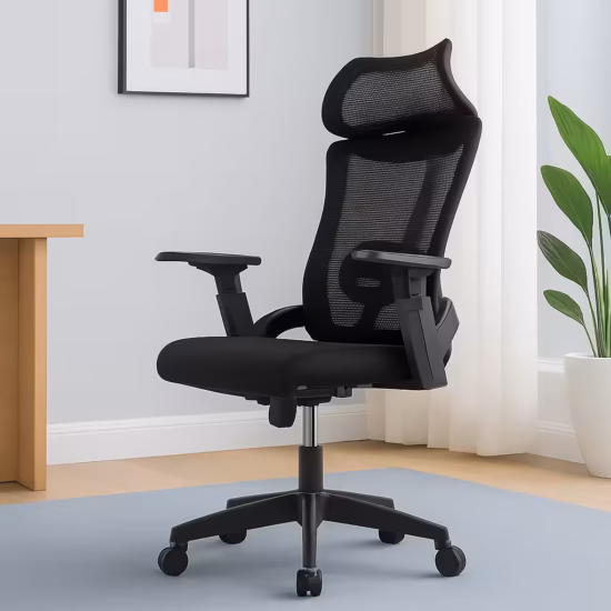 Premium High-Back Executive High Back Office Chair featuring an open-airflow black mesh backrest with a vertical spine support line, a matching wide rectangular adjustable headrest, an integrated multi-slatted horizontal lower lumbar support brace, flat T-shaped armrests, a plush black seat cushion, and a heavy-duty black five-star rolling base with wheels, standing on a light wood floor.