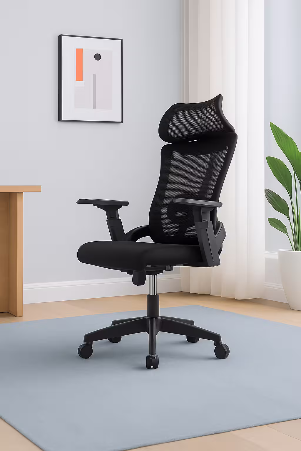 Premium High-Back Executive High Back Office Chair featuring an open-airflow black mesh backrest with a vertical spine support line, a matching wide rectangular adjustable headrest, an integrated multi-slatted horizontal lower lumbar support brace, flat T-shaped armrests, a plush black seat cushion, and a heavy-duty black five-star rolling base with wheels, standing on a light wood floor.
