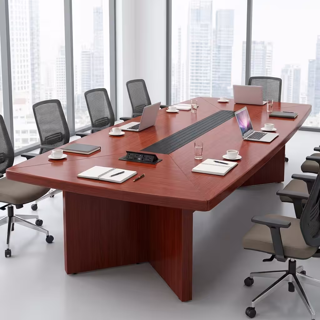 Premium 2.0M Conference Meeting Table in a rich cherry-mahogany woodgrain finish, showcasing an expansive rectangular top panel with tapered ends, a center-running black accent band, and two open flip-top power socket hubs supporting laptops, open notebooks, and coffee cups, anchored by heavy-duty interlocking wooden panel leg bases, surrounded by grey mesh office chairs on a smooth white floor inside a sunlit high-rise boardroom overlooking a city skyline.