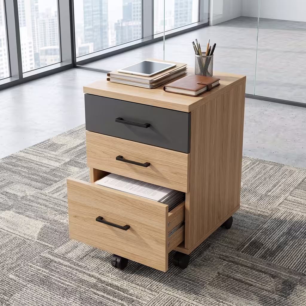 Premium 3-Drawer Modern Wooden Mobile Pedestal featuring a natural light oak woodgrain finish, an upper storage drawer in contrasting matte charcoal grey, two lower light oak drawers, all equipped with curved matte black handles, supporting a mug, stapler, and notebooks on top, resting on a textured geometric carpet.