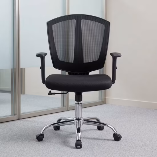 Premium Mid-Back Adjustable Office Chair featuring an open-airflow black mesh backrest with a vertical center-split design frame, a thick contoured black fabric seat cushion, T-shaped black armrests, a manual height adjustment lever, and a highly reflective polished chrome five-star star base with rolling wheels, standing on a polished concrete floor.