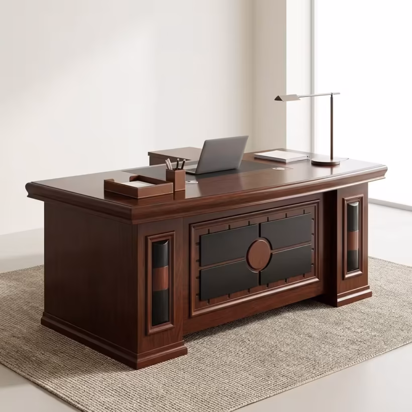1.6m Director's Office Desk With Side Return in a rich mahogany finish, featuring a detailed geometric front modesty panel, leather blotter, and a desk lamp on a textured rug.