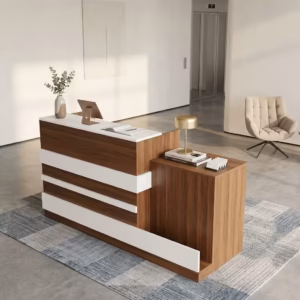 Modern 2m Custom Reception Office Desk featuring alternating horizontal panels of rich brown wood grain and white, with an integrated lower side return workstation on a textured blue rug in a bright, minimalist lobby.