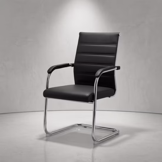 Premium Cantilever Executive Office Visitor Chair featuring a black leatherette backrest with distinct horizontal ribbed cushion panels, integrated polished chrome armrests with black top pads, and a highly reflective continuous chrome steel cantilever sled base frame, standing on a smooth polished light grey concrete studio floor against a textured light grey accent wall.