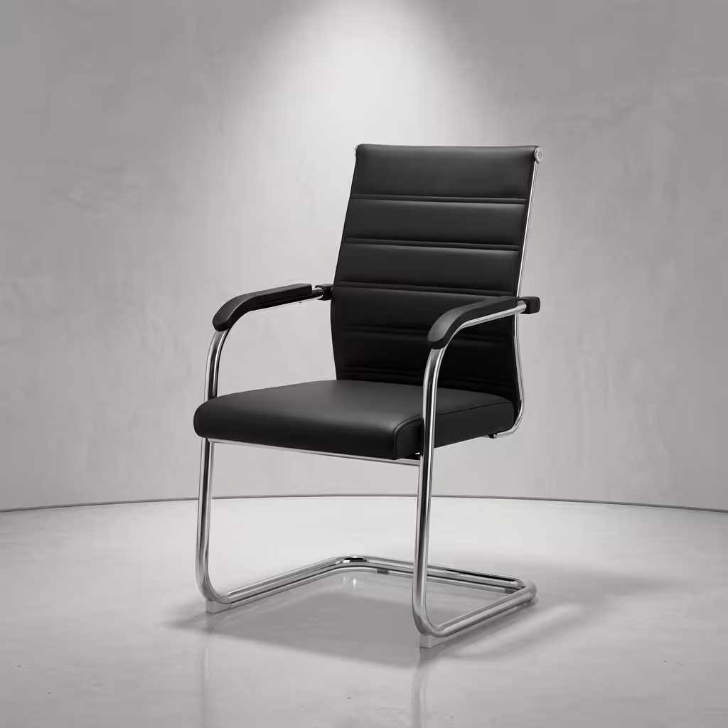 Premium Cantilever Executive Office Visitor Chair featuring a black leatherette backrest with distinct horizontal ribbed cushion panels, integrated polished chrome armrests with black top pads, and a highly reflective continuous chrome steel cantilever sled base frame, standing on a smooth polished light grey concrete studio floor against a textured light grey accent wall.