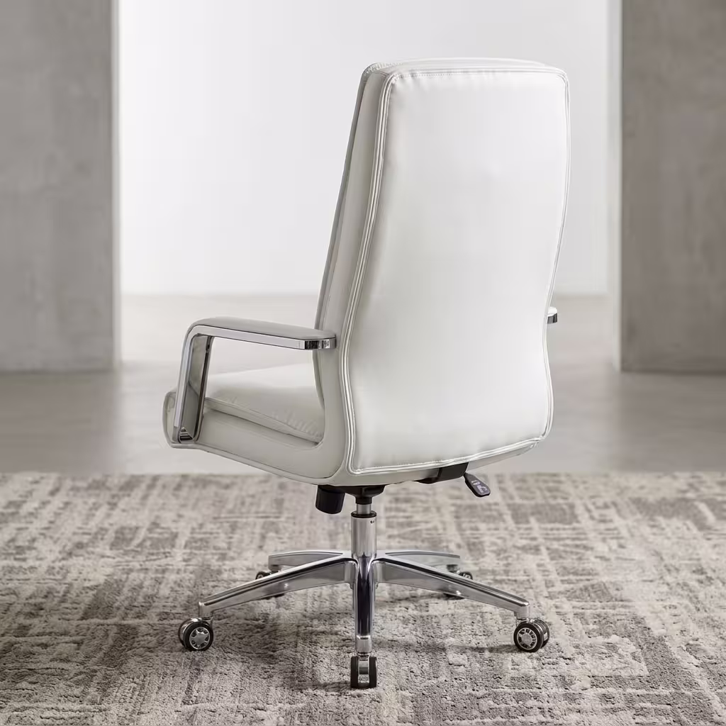 Oxy Cream executive Office Chair featuring a high-back cream leather design, sleek chrome armrests, and a 5-star rolling caster base on a blue patterned rug.