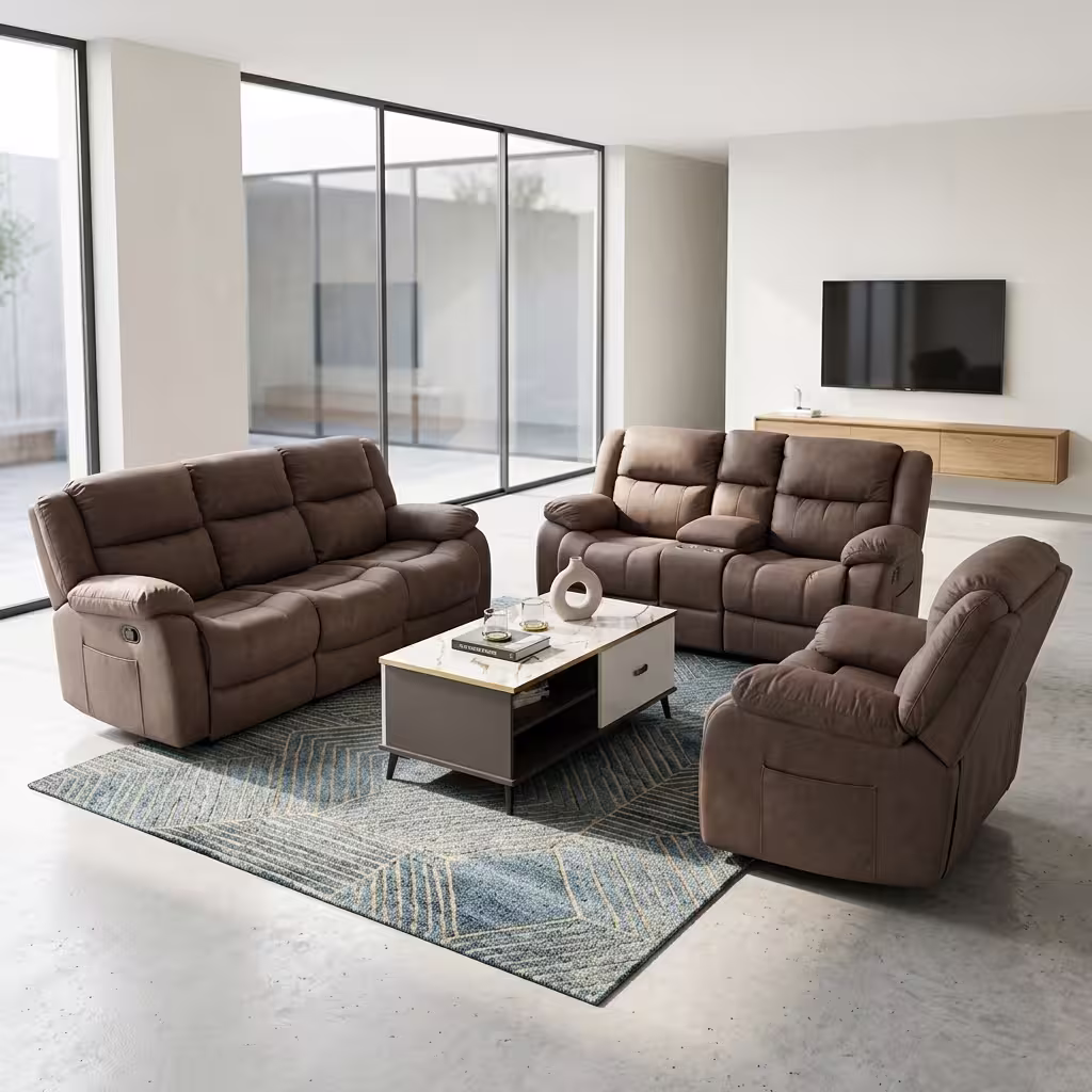 6-Seater Fabric Recliner Sofa Set in taupe microfiber featuring a 3-seater sofa, a 2-seater loveseat, and an armchair styled around a marble-top coffee table.