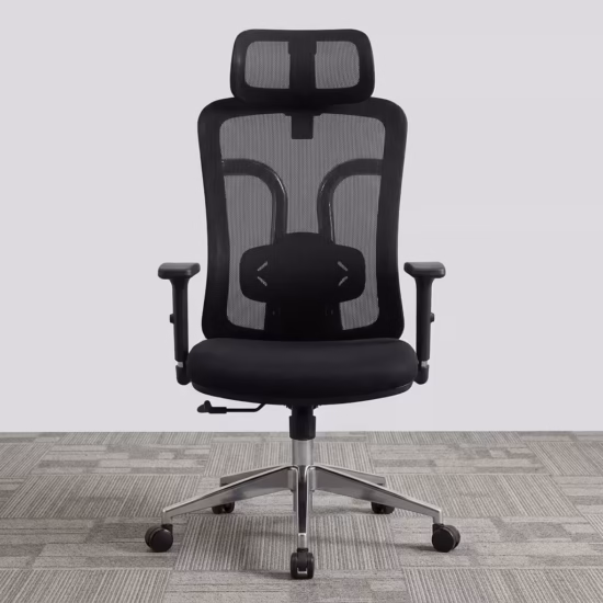 Premium High-Back Executive Mesh Office Chair featuring a black mesh backrest with a prominent curved spine frame, an adjustable wide rectangular headrest, flat horizontal T-shaped armrests, a plush black seat cushion, and a highly reflective polished aluminum five-star star base with rolling wheels, standing on grey textured office carpet tiles.