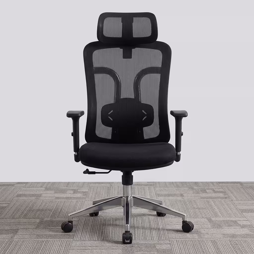 Premium High-Back Executive Mesh Office Chair featuring a black mesh backrest with a prominent curved spine frame, an adjustable wide rectangular headrest, flat horizontal T-shaped armrests, a plush black seat cushion, and a highly reflective polished aluminum five-star star base with rolling wheels, standing on grey textured office carpet tiles.