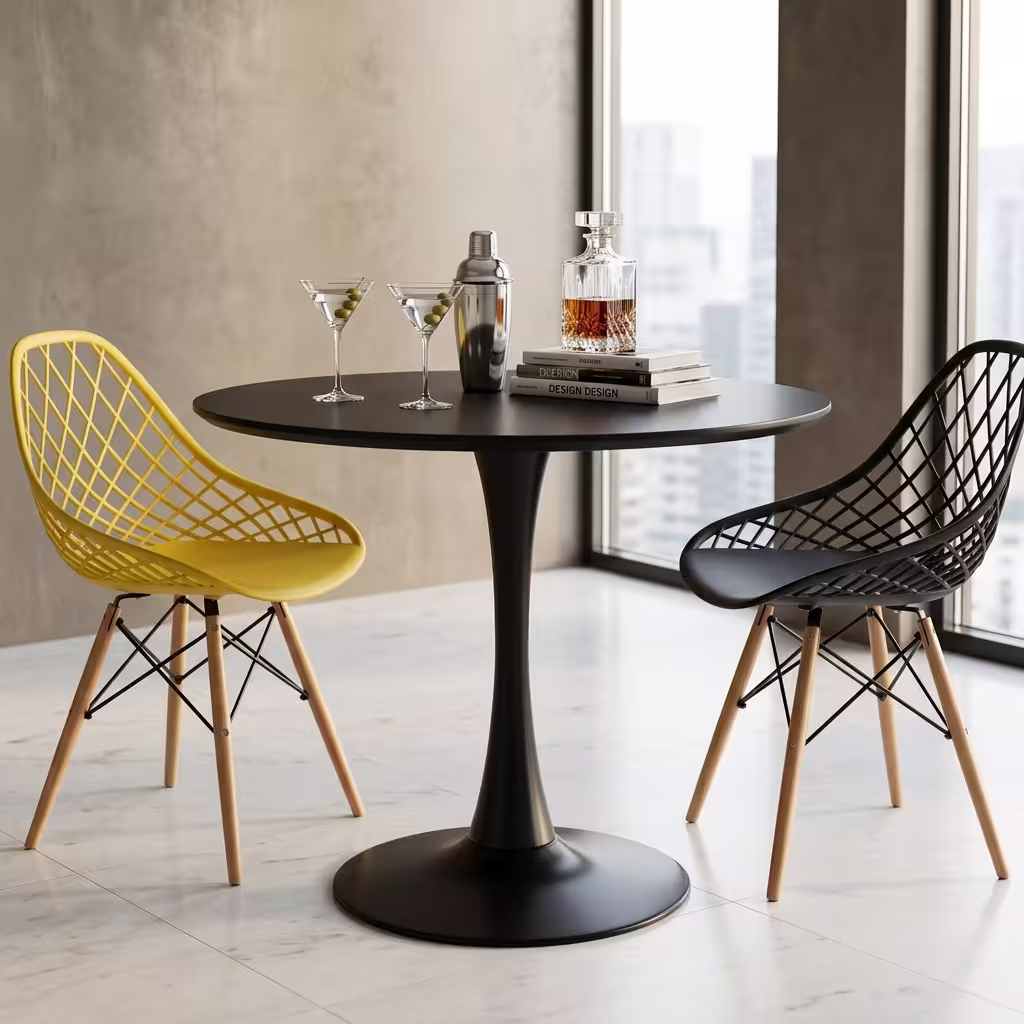 Round Modern Dining Table featuring a sleek black finish, minimalist tulip pedestal base, and a smooth circular top styled with drinks on grey tiles.