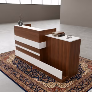 Modern 2m Custom Reception Office Desk featuring alternating horizontal panels of rich brown wood grain and white, with an integrated lower side return workstation on a textured blue rug in a bright, minimalist lobby.